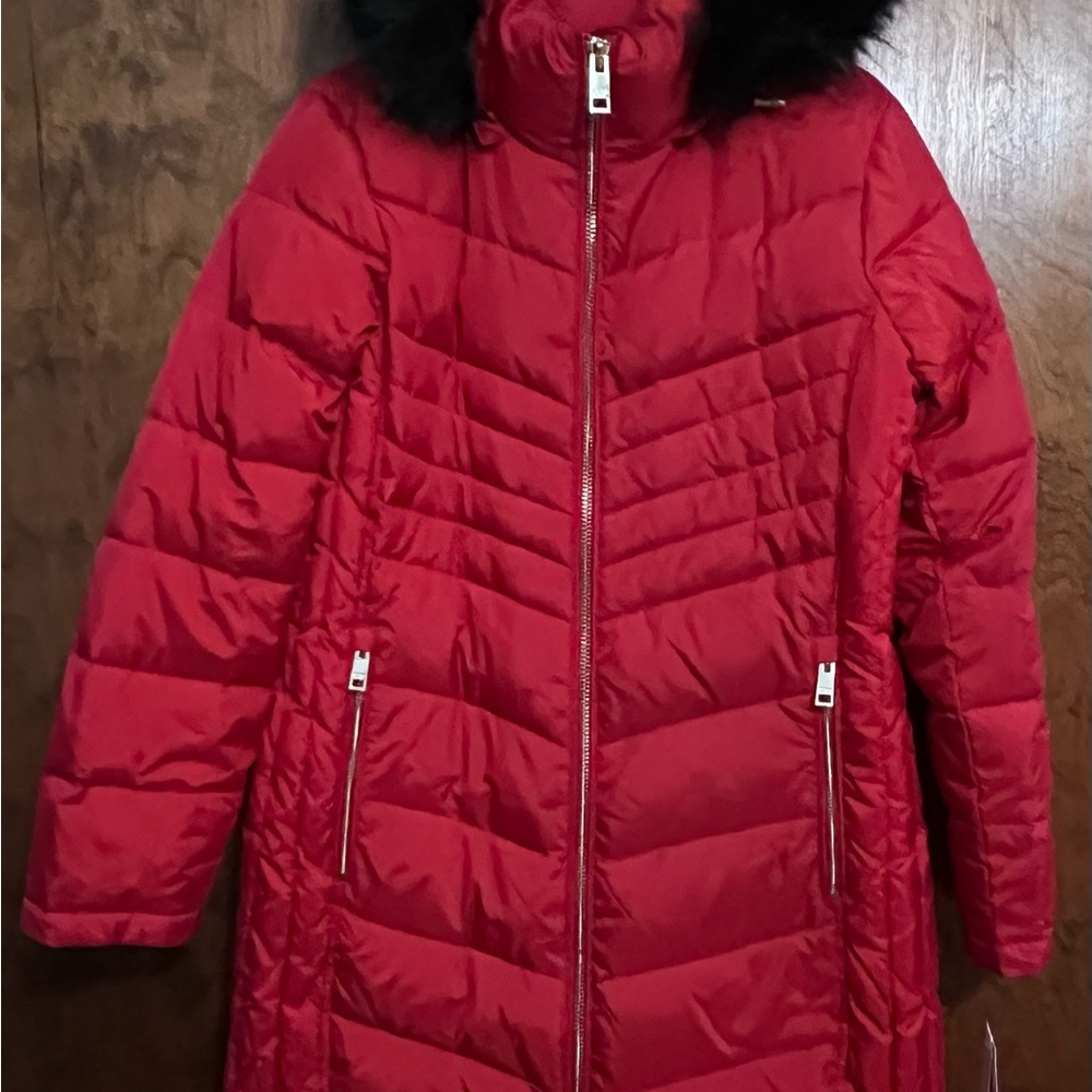 Michael Kors Red Puffer Jacket with Black Faux Fur Hood